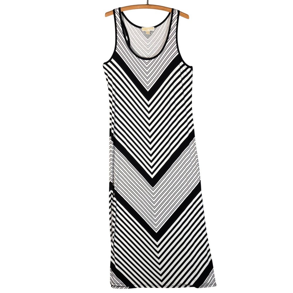 Michael Kors Black White Chevron Stripe Sleeveless Maxi Dress XL Racerback Mod